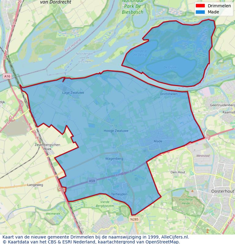 Afbeelding met een achtergrondkaart van OpenStreetMap en daarbovenop geometrische vormen van de gemeentelijke gebieden uit de data van het CBS. De geometrische vormen (polygonen) geven met eigen kleuren per gemeente de herindelingssituatie weer.