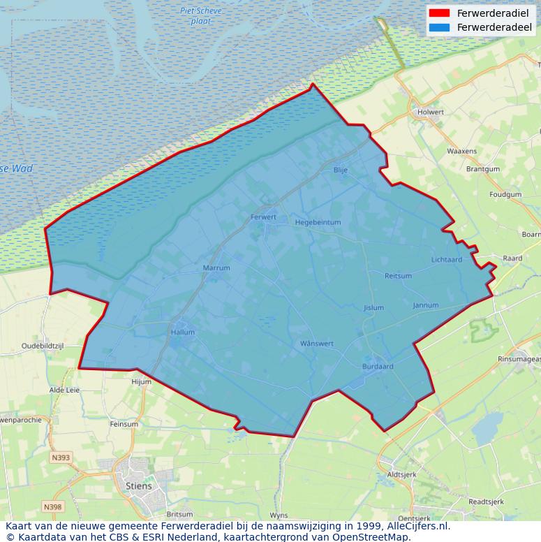 Afbeelding met een achtergrondkaart van OpenStreetMap en daarbovenop geometrische vormen van de gemeentelijke gebieden uit de data van het CBS. De geometrische vormen (polygonen) geven met eigen kleuren per gemeente de herindelingssituatie weer.