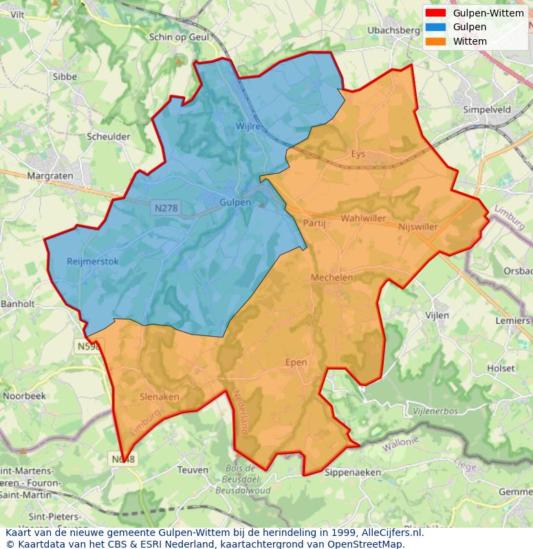 Afbeelding met een achtergrondkaart van OpenStreetMap en daarbovenop geometrische vormen van de gemeentelijke gebieden uit de data van het CBS. De geometrische vormen (polygonen) geven met eigen kleuren per gemeente de herindelingssituatie weer.