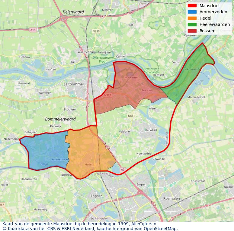 Afbeelding met een achtergrondkaart van OpenStreetMap en daarbovenop geometrische vormen van de gemeentelijke gebieden uit de data van het CBS. De geometrische vormen (polygonen) geven met eigen kleuren per gemeente de herindelingssituatie weer.