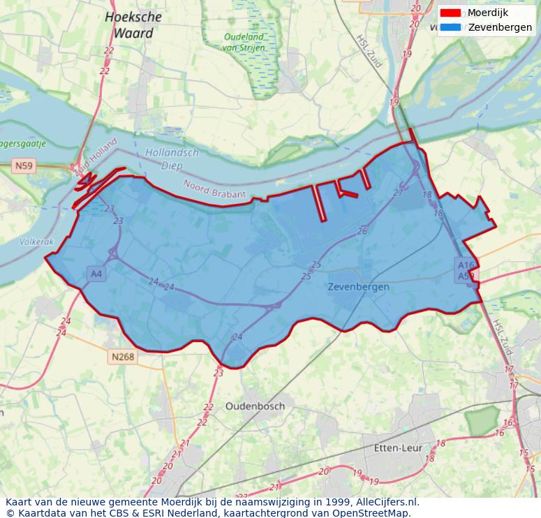 Afbeelding met een achtergrondkaart van OpenStreetMap en daarbovenop geometrische vormen van de gemeentelijke gebieden uit de data van het CBS. De geometrische vormen (polygonen) geven met eigen kleuren per gemeente de herindelingssituatie weer.