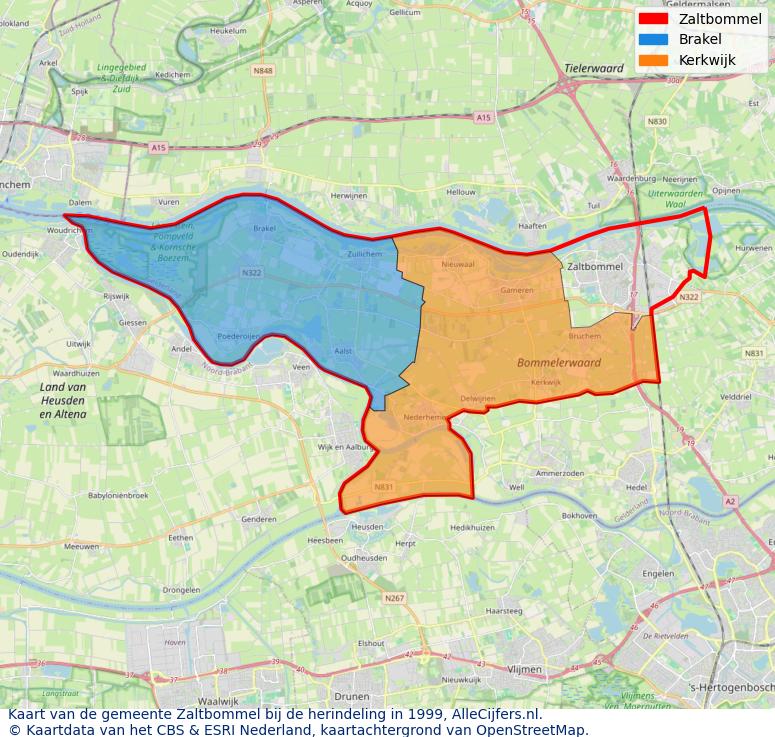 Afbeelding met een achtergrondkaart van OpenStreetMap en daarbovenop geometrische vormen van de gemeentelijke gebieden uit de data van het CBS. De geometrische vormen (polygonen) geven met eigen kleuren per gemeente de herindelingssituatie weer.