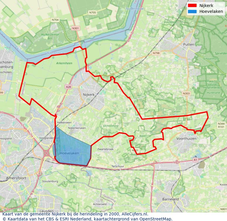 Afbeelding met een achtergrondkaart van OpenStreetMap en daarbovenop geometrische vormen van de gemeentelijke gebieden uit de data van het CBS. De geometrische vormen (polygonen) geven met eigen kleuren per gemeente de herindelingssituatie weer.