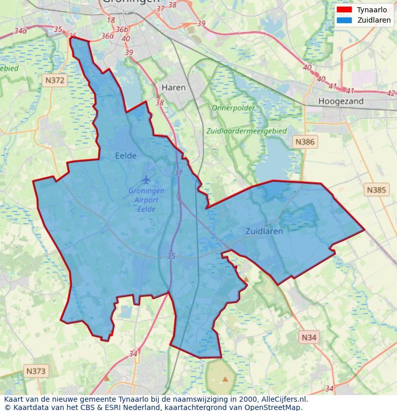 Afbeelding met een achtergrondkaart van OpenStreetMap en daarbovenop geometrische vormen van de gemeentelijke gebieden uit de data van het CBS. De geometrische vormen (polygonen) geven met eigen kleuren per gemeente de herindelingssituatie weer.