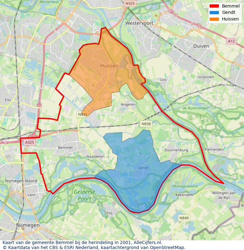 Afbeelding met een achtergrondkaart van OpenStreetMap en daarbovenop geometrische vormen van de gemeentelijke gebieden uit de data van het CBS. De geometrische vormen (polygonen) geven met eigen kleuren per gemeente de herindelingssituatie weer.