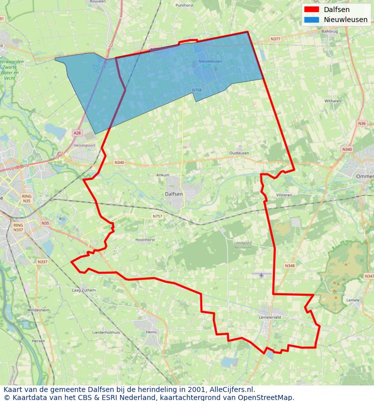 Afbeelding met een achtergrondkaart van OpenStreetMap en daarbovenop geometrische vormen van de gemeentelijke gebieden uit de data van het CBS. De geometrische vormen (polygonen) geven met eigen kleuren per gemeente de herindelingssituatie weer.