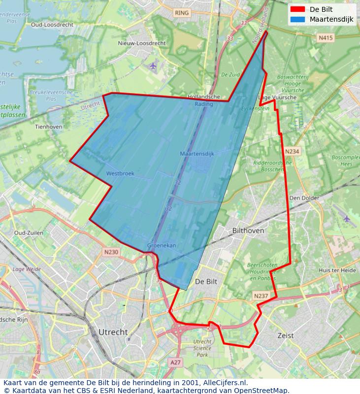 Afbeelding met een achtergrondkaart van OpenStreetMap en daarbovenop geometrische vormen van de gemeentelijke gebieden uit de data van het CBS. De geometrische vormen (polygonen) geven met eigen kleuren per gemeente de herindelingssituatie weer.