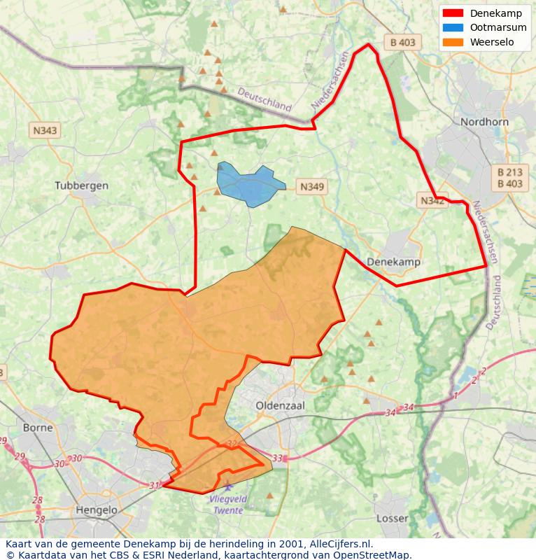 Afbeelding met een achtergrondkaart van OpenStreetMap en daarbovenop geometrische vormen van de gemeentelijke gebieden uit de data van het CBS. De geometrische vormen (polygonen) geven met eigen kleuren per gemeente de herindelingssituatie weer.