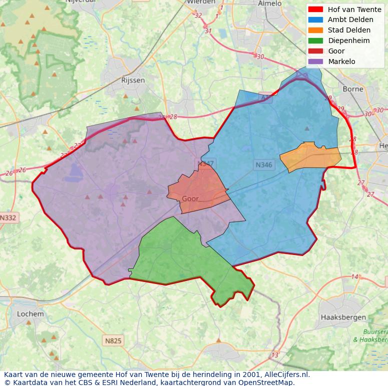 Afbeelding met een achtergrondkaart van OpenStreetMap en daarbovenop geometrische vormen van de gemeentelijke gebieden uit de data van het CBS. De geometrische vormen (polygonen) geven met eigen kleuren per gemeente de herindelingssituatie weer.