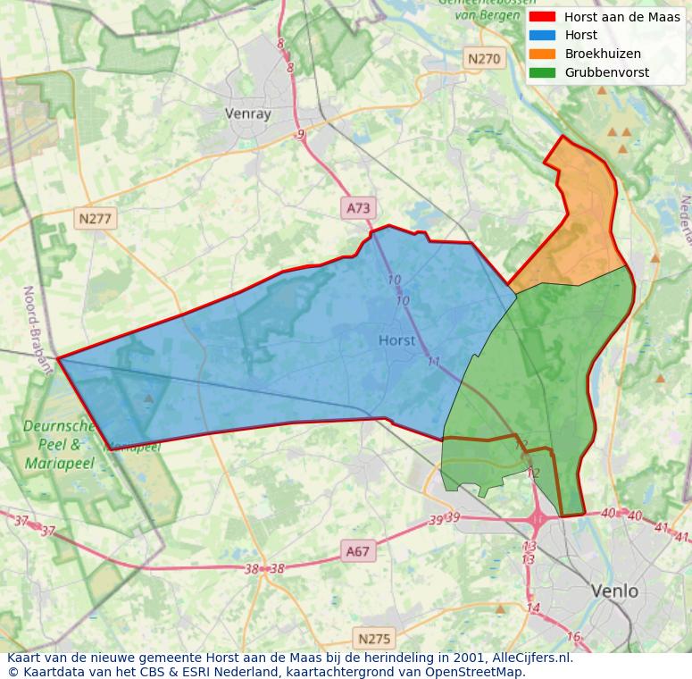Afbeelding met een achtergrondkaart van OpenStreetMap en daarbovenop geometrische vormen van de gemeentelijke gebieden uit de data van het CBS. De geometrische vormen (polygonen) geven met eigen kleuren per gemeente de herindelingssituatie weer.