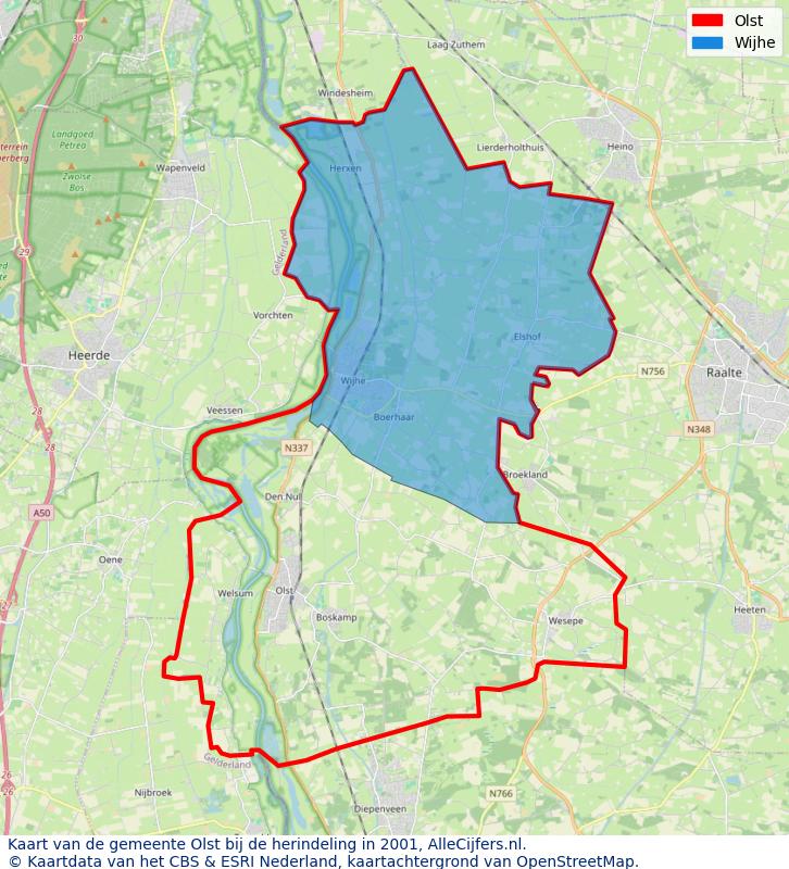 Afbeelding met een achtergrondkaart van OpenStreetMap en daarbovenop geometrische vormen van de gemeentelijke gebieden uit de data van het CBS. De geometrische vormen (polygonen) geven met eigen kleuren per gemeente de herindelingssituatie weer.
