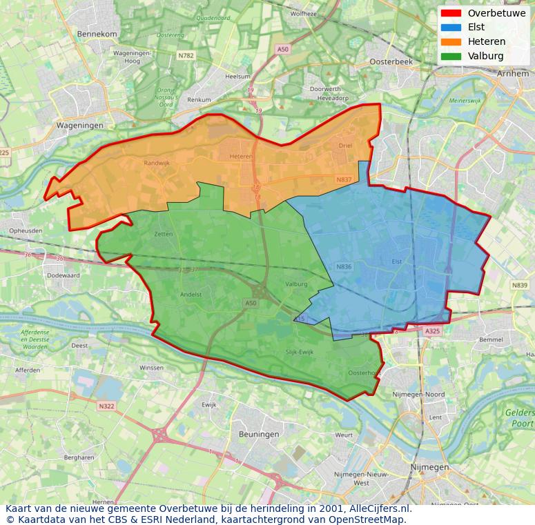 Afbeelding met een achtergrondkaart van OpenStreetMap en daarbovenop geometrische vormen van de gemeentelijke gebieden uit de data van het CBS. De geometrische vormen (polygonen) geven met eigen kleuren per gemeente de herindelingssituatie weer.