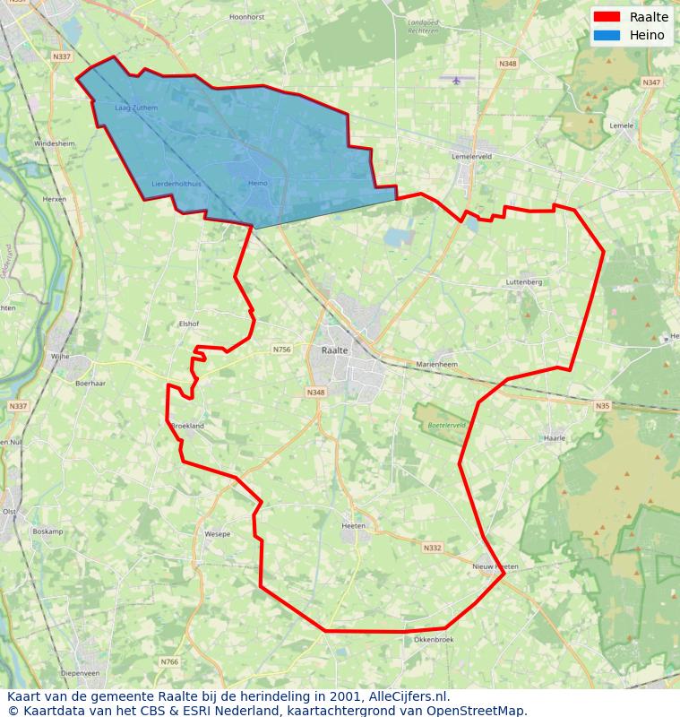 Afbeelding met een achtergrondkaart van OpenStreetMap en daarbovenop geometrische vormen van de gemeentelijke gebieden uit de data van het CBS. De geometrische vormen (polygonen) geven met eigen kleuren per gemeente de herindelingssituatie weer.