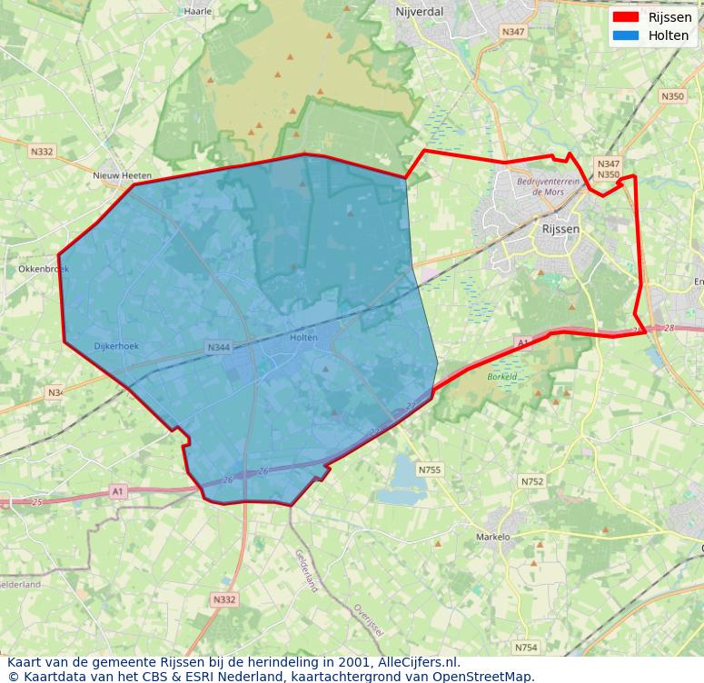 Afbeelding met een achtergrondkaart van OpenStreetMap en daarbovenop geometrische vormen van de gemeentelijke gebieden uit de data van het CBS. De geometrische vormen (polygonen) geven met eigen kleuren per gemeente de herindelingssituatie weer.