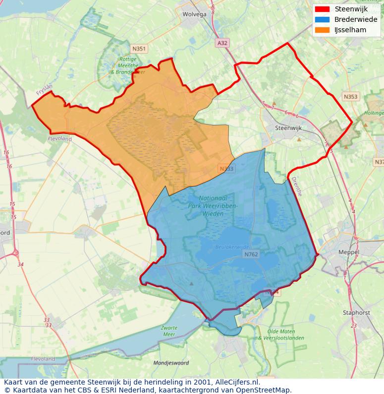 Afbeelding met een achtergrondkaart van OpenStreetMap en daarbovenop geometrische vormen van de gemeentelijke gebieden uit de data van het CBS. De geometrische vormen (polygonen) geven met eigen kleuren per gemeente de herindelingssituatie weer.