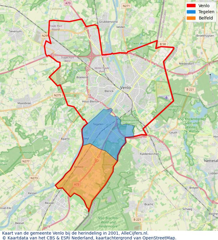 Afbeelding met een achtergrondkaart van OpenStreetMap en daarbovenop geometrische vormen van de gemeentelijke gebieden uit de data van het CBS. De geometrische vormen (polygonen) geven met eigen kleuren per gemeente de herindelingssituatie weer.