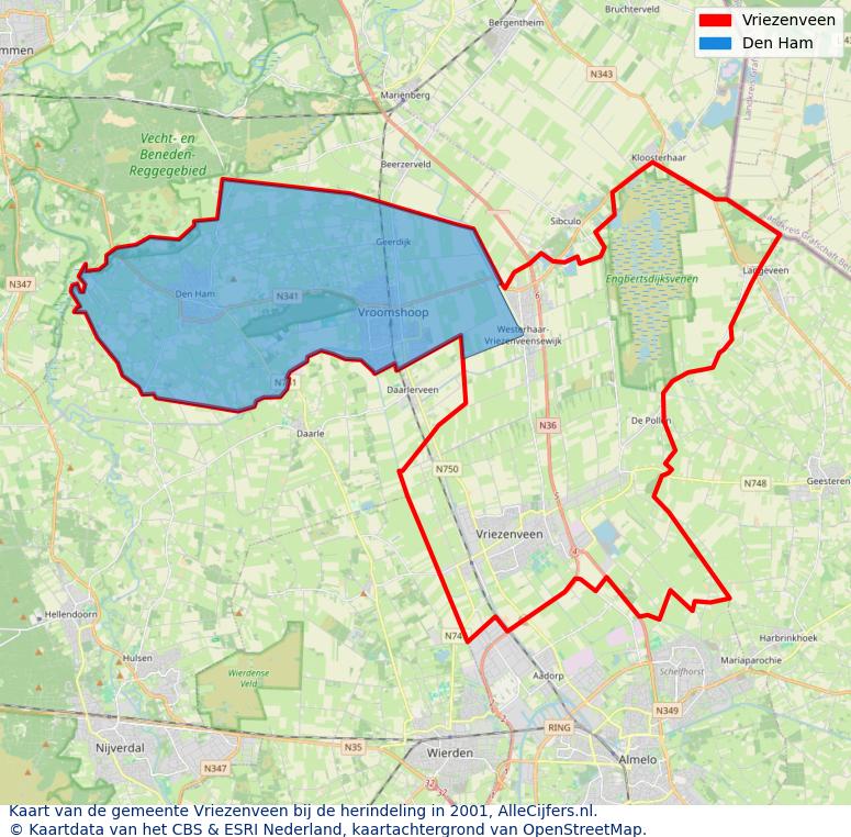 Afbeelding met een achtergrondkaart van OpenStreetMap en daarbovenop geometrische vormen van de gemeentelijke gebieden uit de data van het CBS. De geometrische vormen (polygonen) geven met eigen kleuren per gemeente de herindelingssituatie weer.