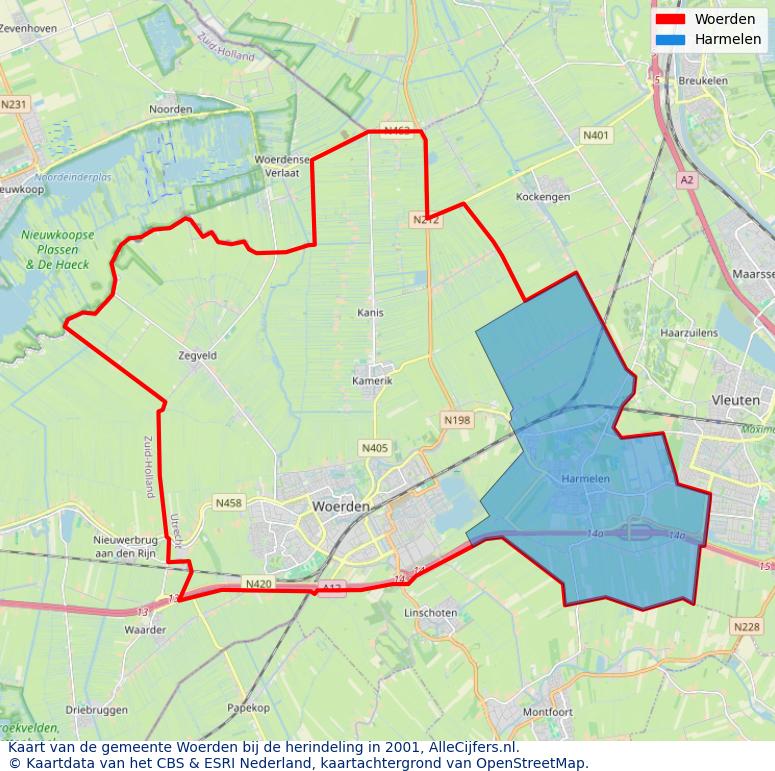 Afbeelding met een achtergrondkaart van OpenStreetMap en daarbovenop geometrische vormen van de gemeentelijke gebieden uit de data van het CBS. De geometrische vormen (polygonen) geven met eigen kleuren per gemeente de herindelingssituatie weer.
