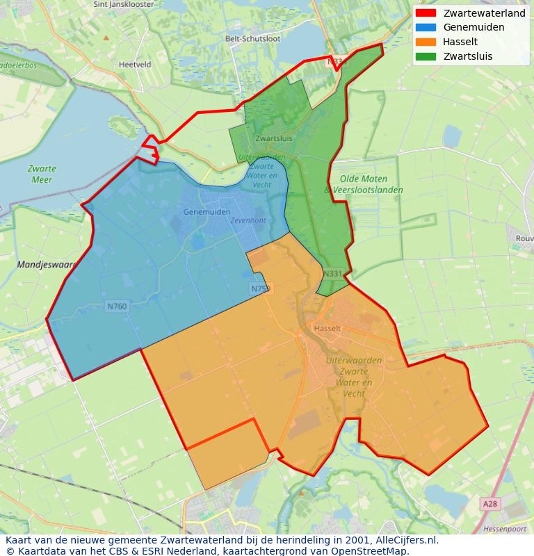 Afbeelding met een achtergrondkaart van OpenStreetMap en daarbovenop geometrische vormen van de gemeentelijke gebieden uit de data van het CBS. De geometrische vormen (polygonen) geven met eigen kleuren per gemeente de herindelingssituatie weer.