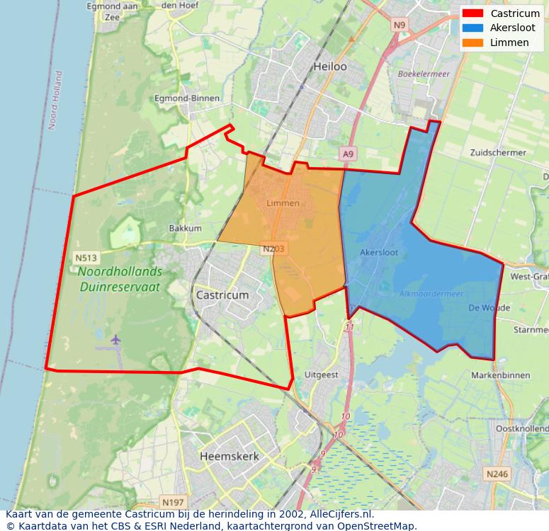 Afbeelding met een achtergrondkaart van OpenStreetMap en daarbovenop geometrische vormen van de gemeentelijke gebieden uit de data van het CBS. De geometrische vormen (polygonen) geven met eigen kleuren per gemeente de herindelingssituatie weer.