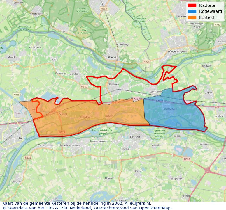 Afbeelding met een achtergrondkaart van OpenStreetMap en daarbovenop geometrische vormen van de gemeentelijke gebieden uit de data van het CBS. De geometrische vormen (polygonen) geven met eigen kleuren per gemeente de herindelingssituatie weer.