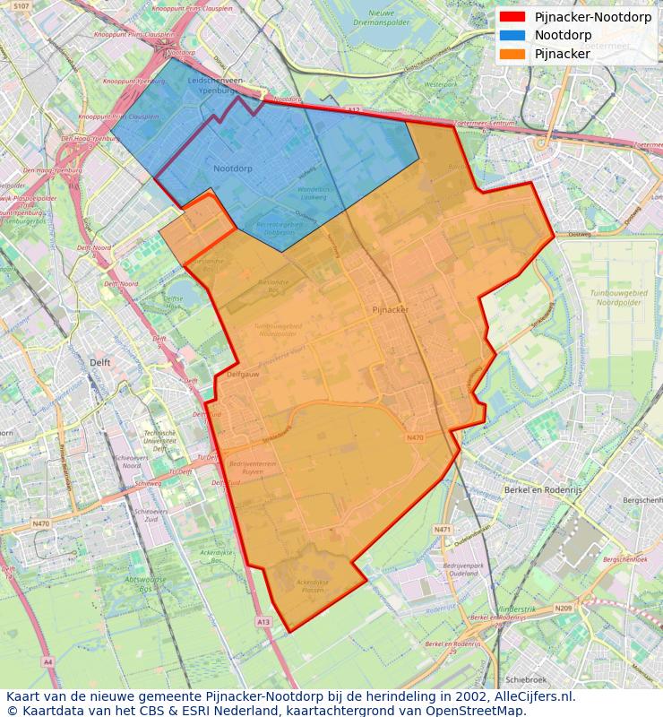 Afbeelding met een achtergrondkaart van OpenStreetMap en daarbovenop geometrische vormen van de gemeentelijke gebieden uit de data van het CBS. De geometrische vormen (polygonen) geven met eigen kleuren per gemeente de herindelingssituatie weer.