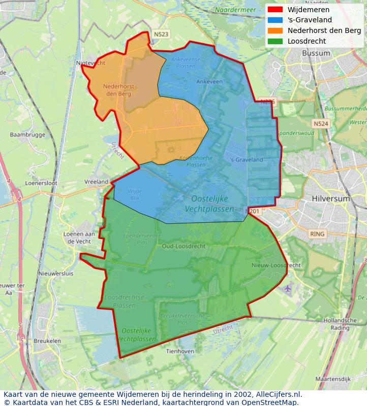 Afbeelding met een achtergrondkaart van OpenStreetMap en daarbovenop geometrische vormen van de gemeentelijke gebieden uit de data van het CBS. De geometrische vormen (polygonen) geven met eigen kleuren per gemeente de herindelingssituatie weer.