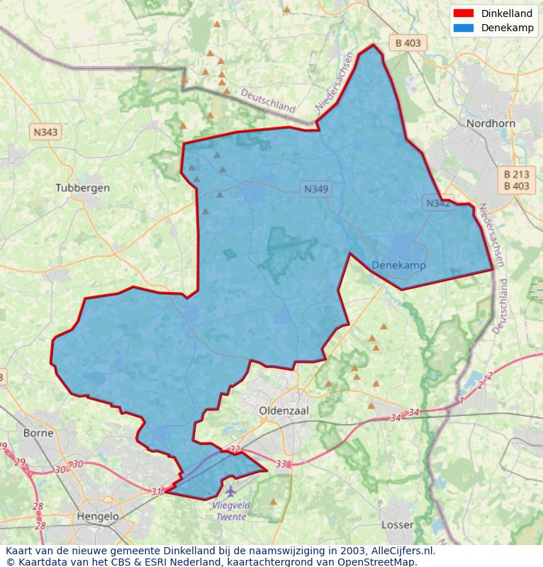 Afbeelding met een achtergrondkaart van OpenStreetMap en daarbovenop geometrische vormen van de gemeentelijke gebieden uit de data van het CBS. De geometrische vormen (polygonen) geven met eigen kleuren per gemeente de herindelingssituatie weer.