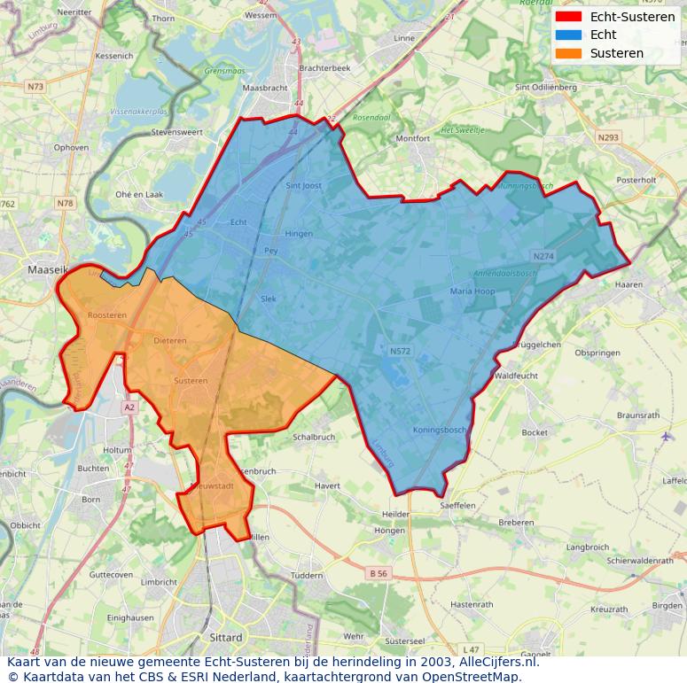 Afbeelding met een achtergrondkaart van OpenStreetMap en daarbovenop geometrische vormen van de gemeentelijke gebieden uit de data van het CBS. De geometrische vormen (polygonen) geven met eigen kleuren per gemeente de herindelingssituatie weer.