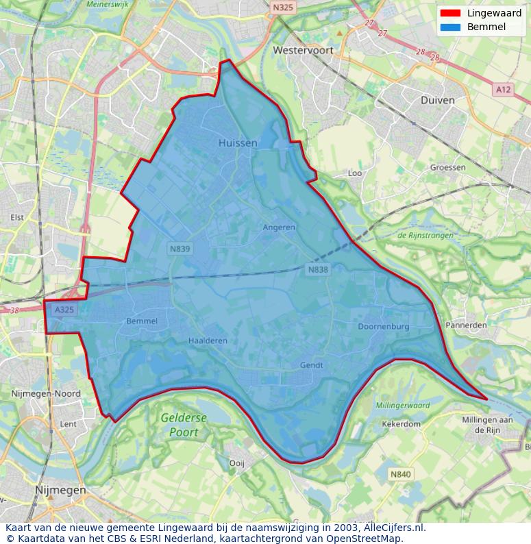 Afbeelding met een achtergrondkaart van OpenStreetMap en daarbovenop geometrische vormen van de gemeentelijke gebieden uit de data van het CBS. De geometrische vormen (polygonen) geven met eigen kleuren per gemeente de herindelingssituatie weer.