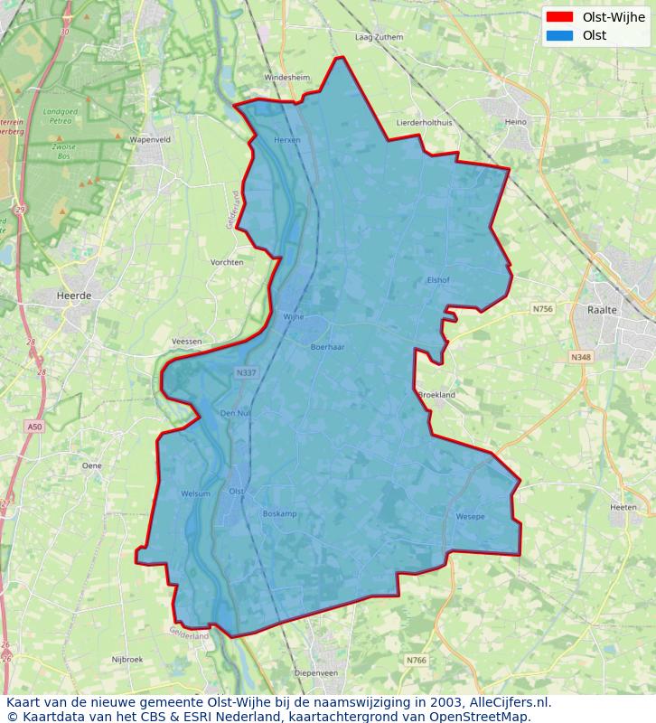 Afbeelding met een achtergrondkaart van OpenStreetMap en daarbovenop geometrische vormen van de gemeentelijke gebieden uit de data van het CBS. De geometrische vormen (polygonen) geven met eigen kleuren per gemeente de herindelingssituatie weer.