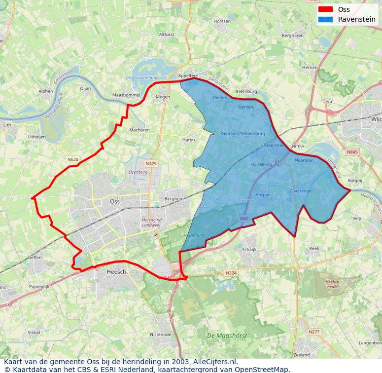 Afbeelding met een achtergrondkaart van OpenStreetMap en daarbovenop geometrische vormen van de gemeentelijke gebieden uit de data van het CBS. De geometrische vormen (polygonen) geven met eigen kleuren per gemeente de herindelingssituatie weer.