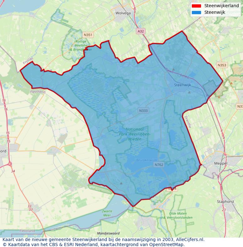 Afbeelding met een achtergrondkaart van OpenStreetMap en daarbovenop geometrische vormen van de gemeentelijke gebieden uit de data van het CBS. De geometrische vormen (polygonen) geven met eigen kleuren per gemeente de herindelingssituatie weer.