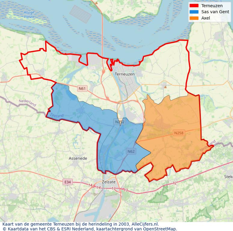 Afbeelding met een achtergrondkaart van OpenStreetMap en daarbovenop geometrische vormen van de gemeentelijke gebieden uit de data van het CBS. De geometrische vormen (polygonen) geven met eigen kleuren per gemeente de herindelingssituatie weer.