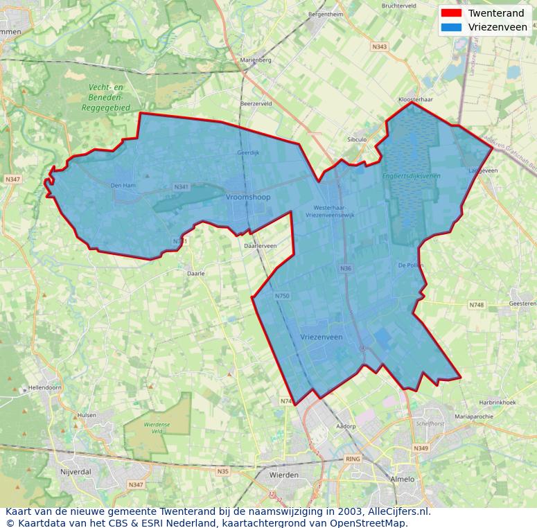 Afbeelding met een achtergrondkaart van OpenStreetMap en daarbovenop geometrische vormen van de gemeentelijke gebieden uit de data van het CBS. De geometrische vormen (polygonen) geven met eigen kleuren per gemeente de herindelingssituatie weer.