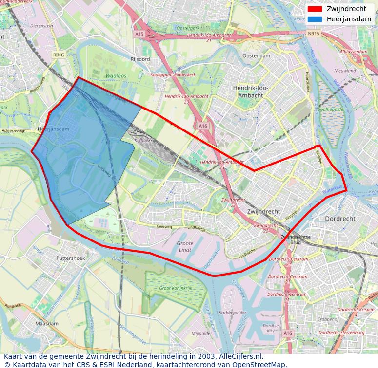 Afbeelding met een achtergrondkaart van OpenStreetMap en daarbovenop geometrische vormen van de gemeentelijke gebieden uit de data van het CBS. De geometrische vormen (polygonen) geven met eigen kleuren per gemeente de herindelingssituatie weer.