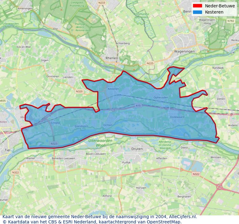 Afbeelding met een achtergrondkaart van OpenStreetMap en daarbovenop geometrische vormen van de gemeentelijke gebieden uit de data van het CBS. De geometrische vormen (polygonen) geven met eigen kleuren per gemeente de herindelingssituatie weer.