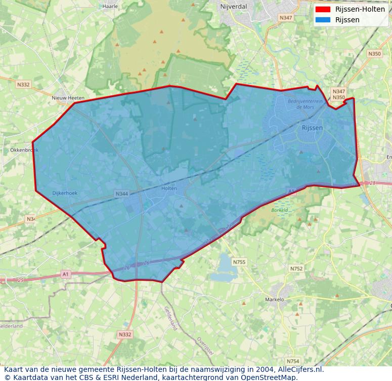 Afbeelding met een achtergrondkaart van OpenStreetMap en daarbovenop geometrische vormen van de gemeentelijke gebieden uit de data van het CBS. De geometrische vormen (polygonen) geven met eigen kleuren per gemeente de herindelingssituatie weer.
