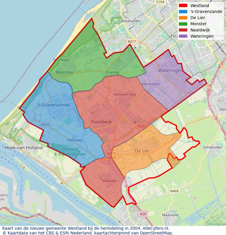 Afbeelding met een achtergrondkaart van OpenStreetMap en daarbovenop geometrische vormen van de gemeentelijke gebieden uit de data van het CBS. De geometrische vormen (polygonen) geven met eigen kleuren per gemeente de herindelingssituatie weer.
