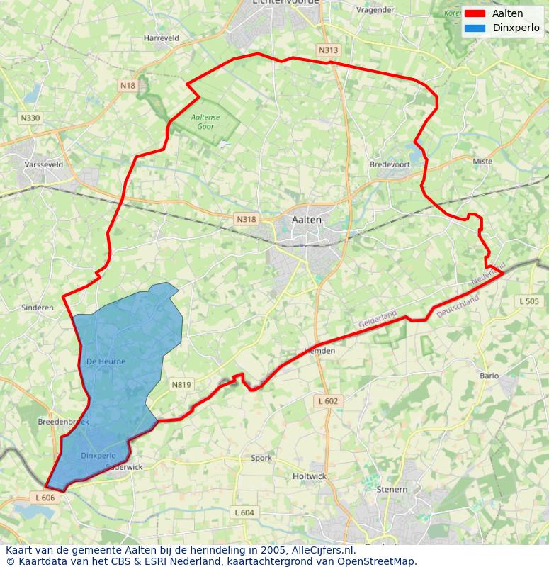 Afbeelding met een achtergrondkaart van OpenStreetMap en daarbovenop geometrische vormen van de gemeentelijke gebieden uit de data van het CBS. De geometrische vormen (polygonen) geven met eigen kleuren per gemeente de herindelingssituatie weer.