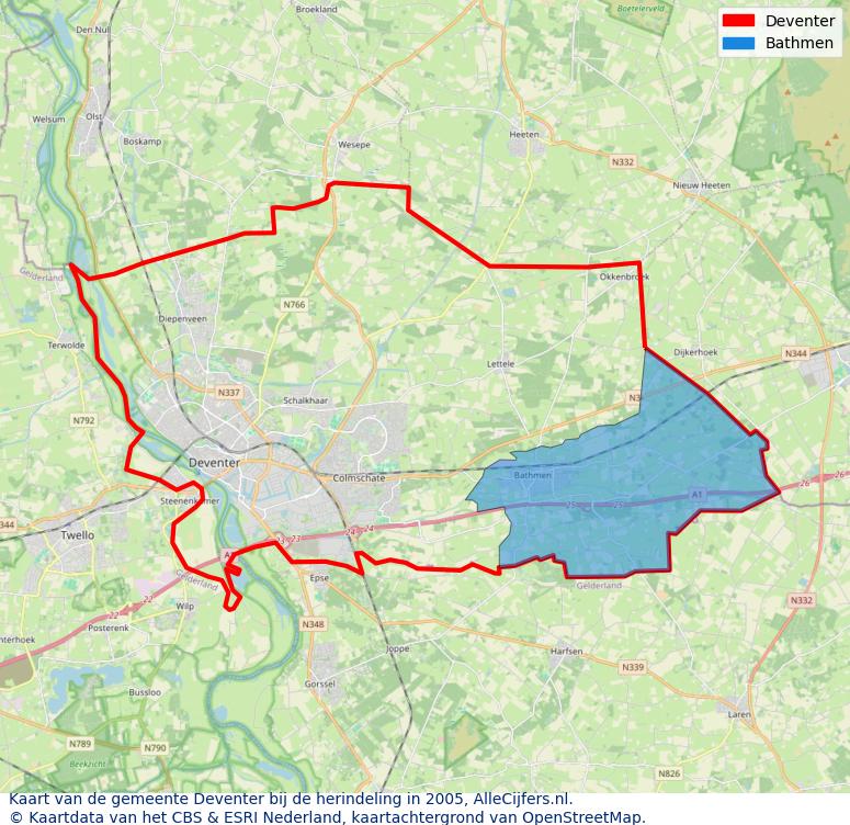 Afbeelding met een achtergrondkaart van OpenStreetMap en daarbovenop geometrische vormen van de gemeentelijke gebieden uit de data van het CBS. De geometrische vormen (polygonen) geven met eigen kleuren per gemeente de herindelingssituatie weer.