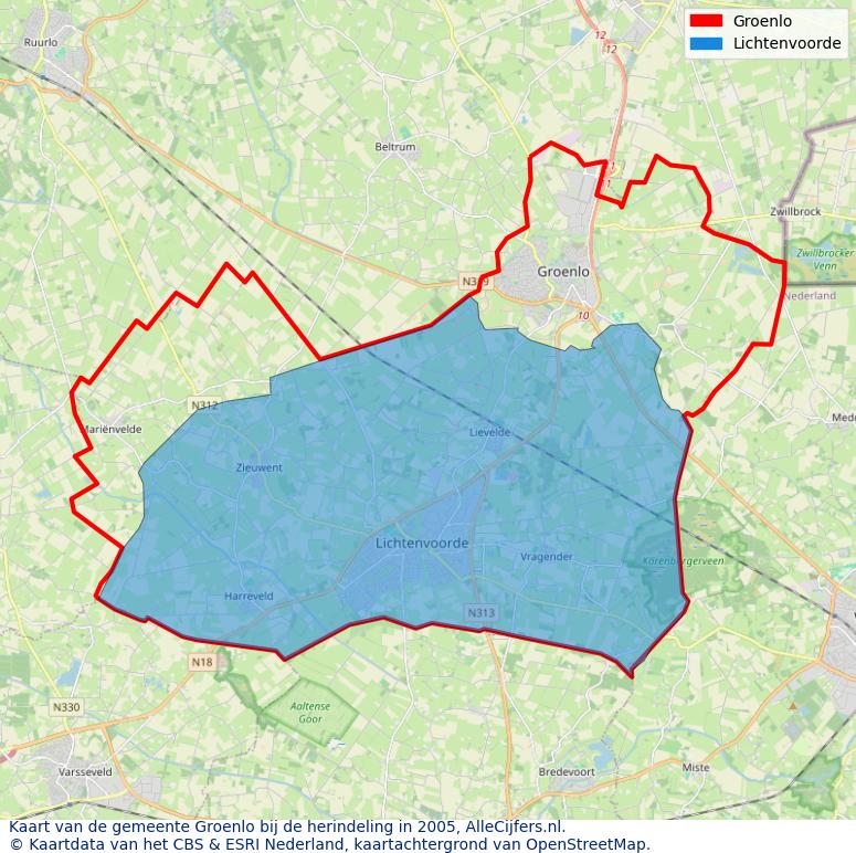 Afbeelding met een achtergrondkaart van OpenStreetMap en daarbovenop geometrische vormen van de gemeentelijke gebieden uit de data van het CBS. De geometrische vormen (polygonen) geven met eigen kleuren per gemeente de herindelingssituatie weer.