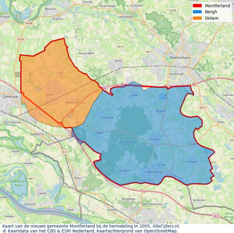 Afbeelding met een achtergrondkaart van OpenStreetMap en daarbovenop geometrische vormen van de gemeentelijke gebieden uit de data van het CBS. De geometrische vormen (polygonen) geven met eigen kleuren per gemeente de herindelingssituatie weer.