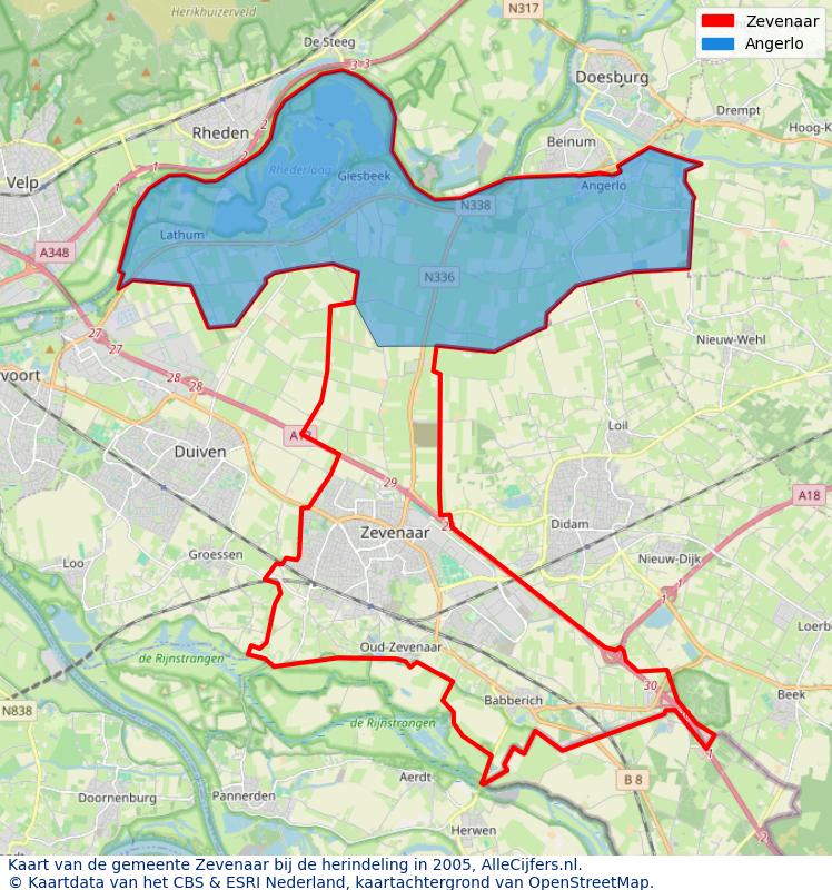 Afbeelding met een achtergrondkaart van OpenStreetMap en daarbovenop geometrische vormen van de gemeentelijke gebieden uit de data van het CBS. De geometrische vormen (polygonen) geven met eigen kleuren per gemeente de herindelingssituatie weer.