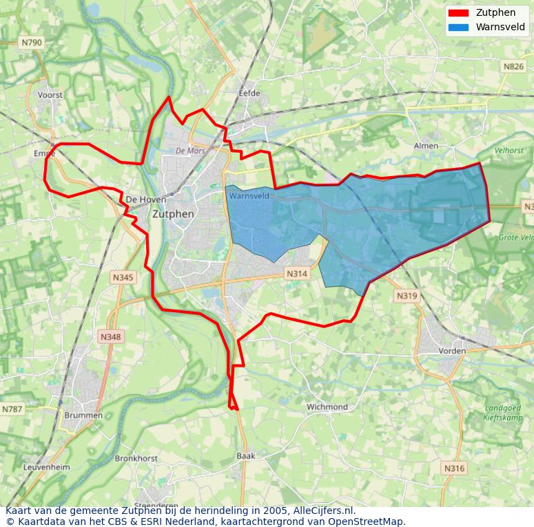 Afbeelding met een achtergrondkaart van OpenStreetMap en daarbovenop geometrische vormen van de gemeentelijke gebieden uit de data van het CBS. De geometrische vormen (polygonen) geven met eigen kleuren per gemeente de herindelingssituatie weer.