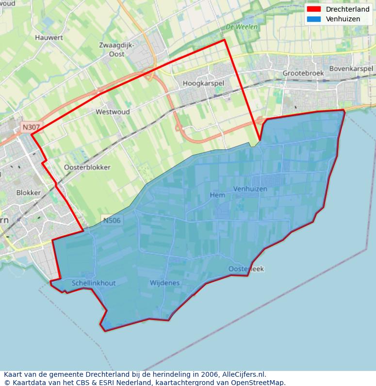 Afbeelding met een achtergrondkaart van OpenStreetMap en daarbovenop geometrische vormen van de gemeentelijke gebieden uit de data van het CBS. De geometrische vormen (polygonen) geven met eigen kleuren per gemeente de herindelingssituatie weer.
