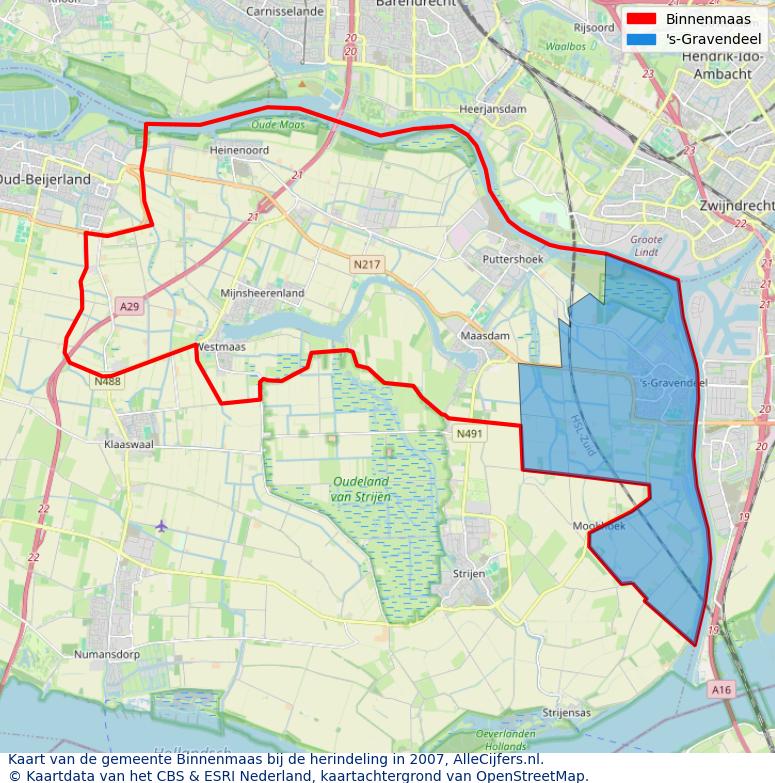 Afbeelding met een achtergrondkaart van OpenStreetMap en daarbovenop geometrische vormen van de gemeentelijke gebieden uit de data van het CBS. De geometrische vormen (polygonen) geven met eigen kleuren per gemeente de herindelingssituatie weer.