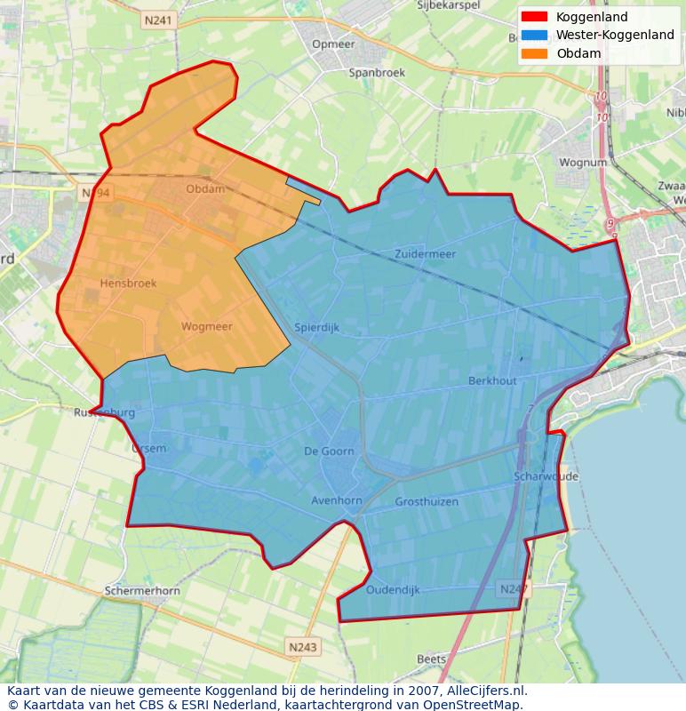 Afbeelding met een achtergrondkaart van OpenStreetMap en daarbovenop geometrische vormen van de gemeentelijke gebieden uit de data van het CBS. De geometrische vormen (polygonen) geven met eigen kleuren per gemeente de herindelingssituatie weer.