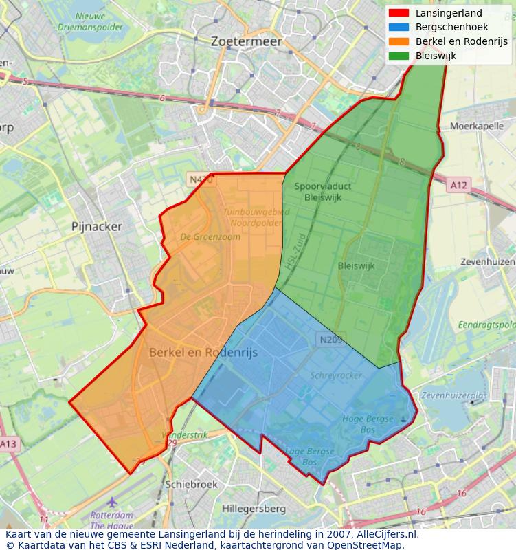 Afbeelding met een achtergrondkaart van OpenStreetMap en daarbovenop geometrische vormen van de gemeentelijke gebieden uit de data van het CBS. De geometrische vormen (polygonen) geven met eigen kleuren per gemeente de herindelingssituatie weer.