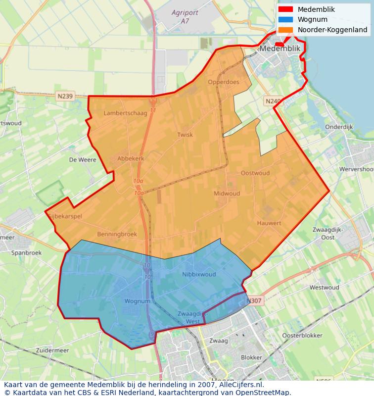 Afbeelding met een achtergrondkaart van OpenStreetMap en daarbovenop geometrische vormen van de gemeentelijke gebieden uit de data van het CBS. De geometrische vormen (polygonen) geven met eigen kleuren per gemeente de herindelingssituatie weer.